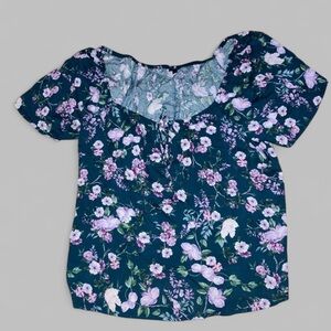 Torrid Teal Purple Floral Peasant Top Tie Neck short sleeve blouse women’s 4X
